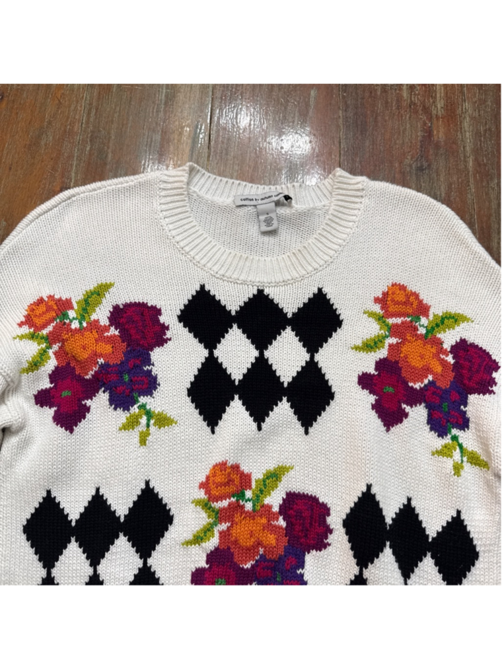 Cotton by Autumn Cashmere Floral Argyle Knit Sweater Size Small Italian Yarn - Picture 2 of 11